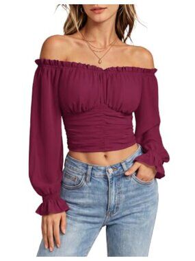 Women's Off Shoulder Crop Top Long Sleeve Going Out Shirt Chiffon Ruched